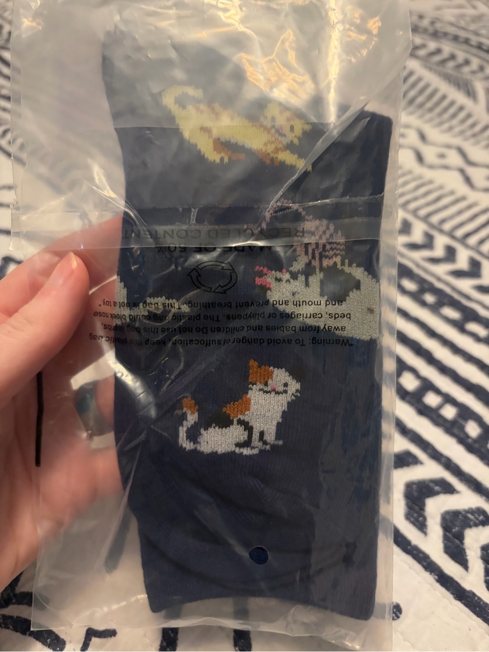 Cat Pattern Crew Dress Socks - Navy